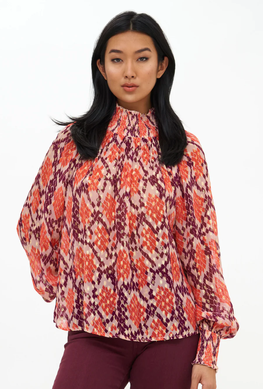 smocked high neck blouse