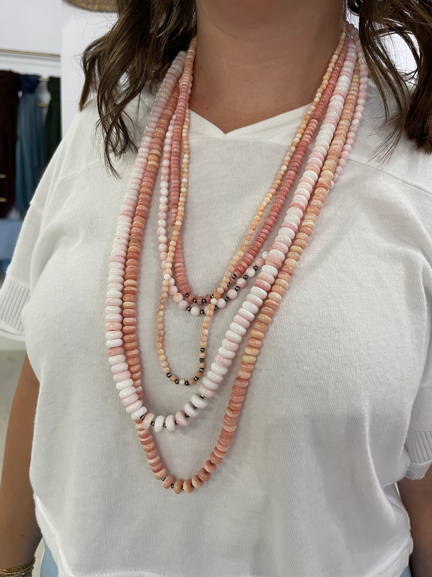 SS- Sterling Silver+Pink Conch Multi Strand Necklace