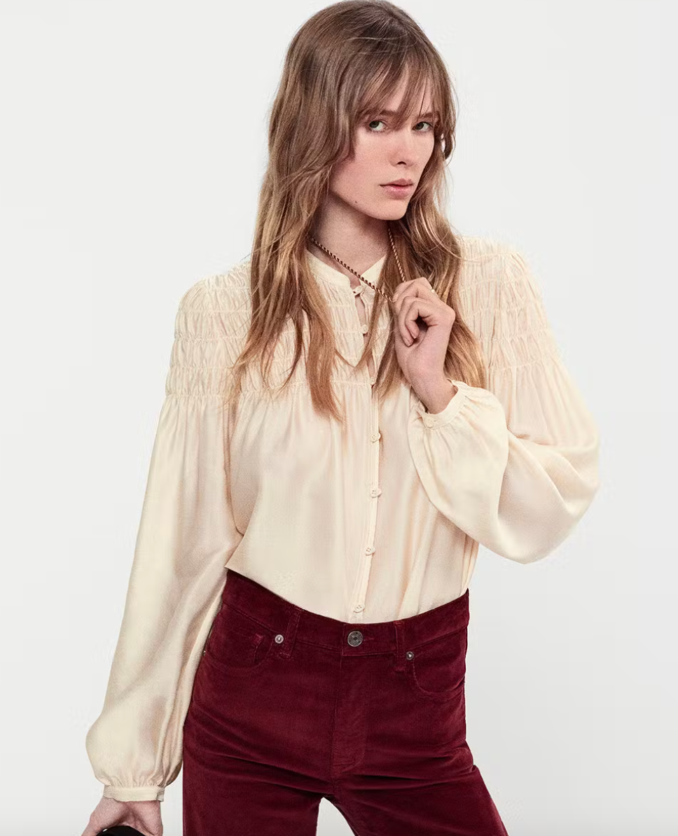 Frame- Smocked Collarless Blouse